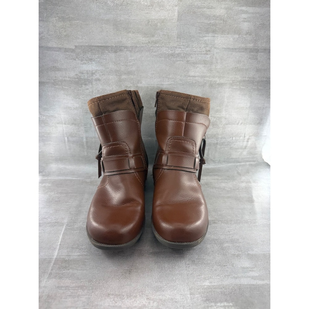 Clarks Brown Leather Ankle Moto Boots Side Zip Harness Tassel Women Sz 9M